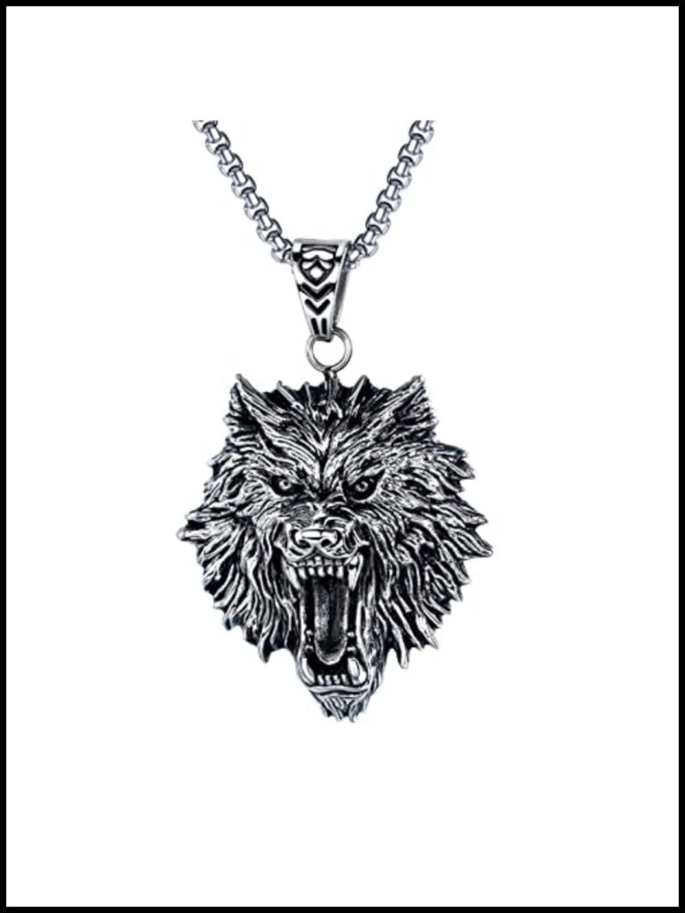 Mens Stainless Steel Viking Wolf Head Pendant Necklace 55cm Chain